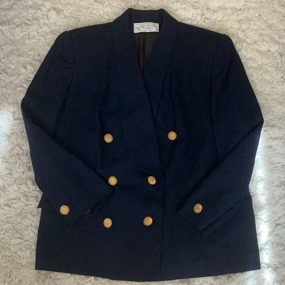 VINTAGE 80s 90s Navy Blue Double Breasted Wool Blazer